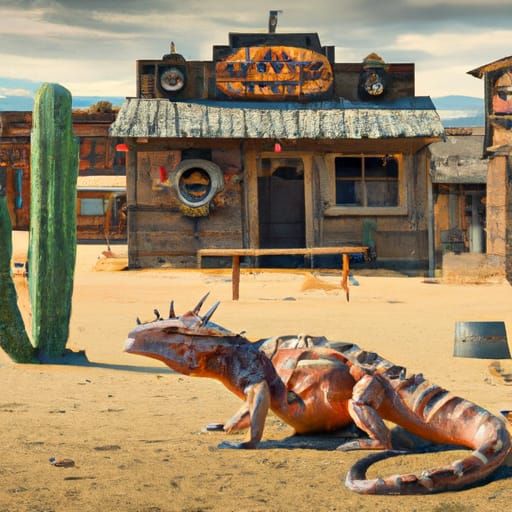 Surreal Desert Ghost Town with Komodo Dragon