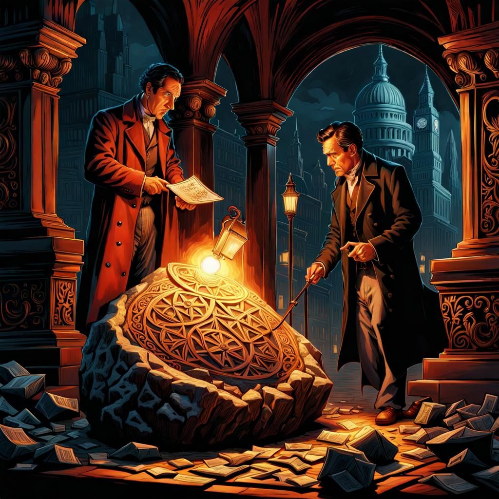 Sherlock Holmes and Dr Watson scrutinizing a huge stone covered with pentagonaly carved glyphs intricately detailed hype...