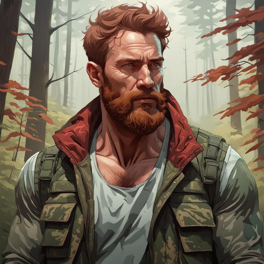 Detailed Portrait of a Hunter in Dark Forest