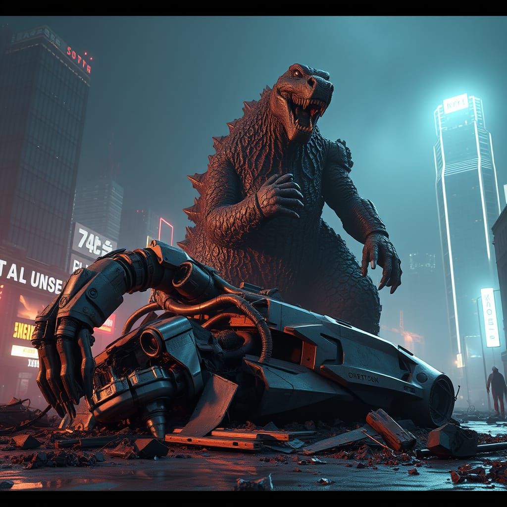 Gigantic Kaiju Triumphs Over Futuristic Mech in Ruined Citys...