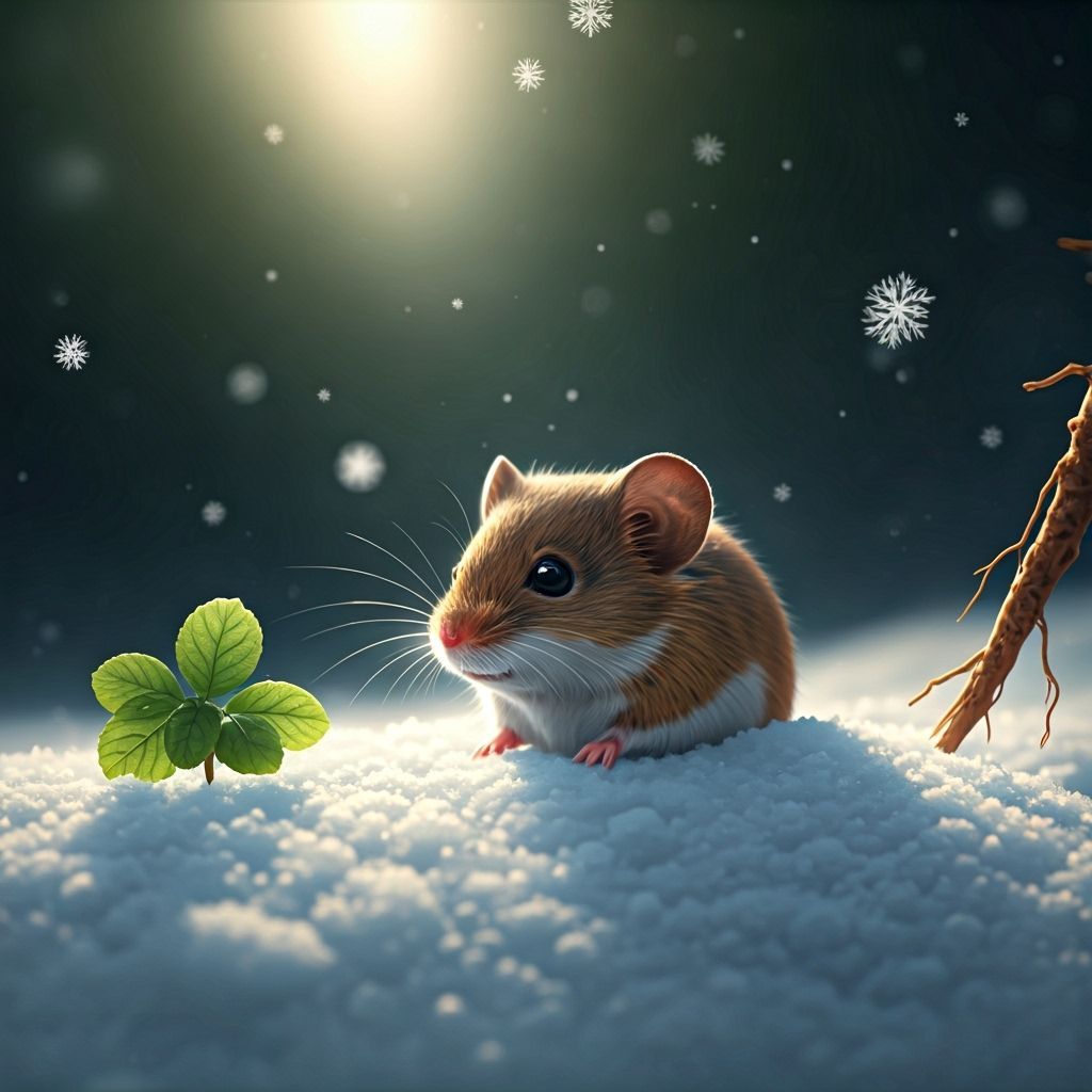 Field Mouse in Snowy Landscape with Sunbeam