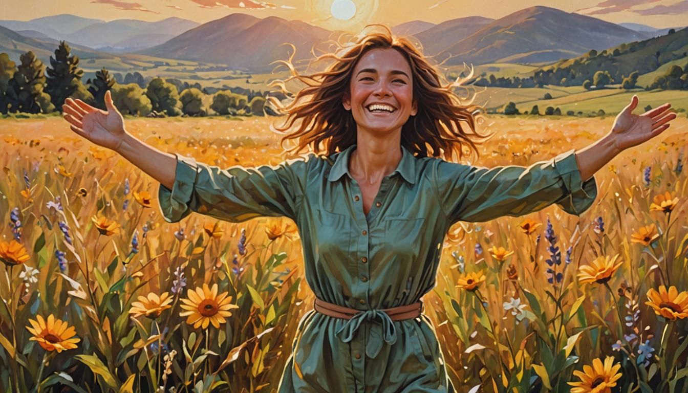 Joyful Person in Sunlit Field Oil Painting