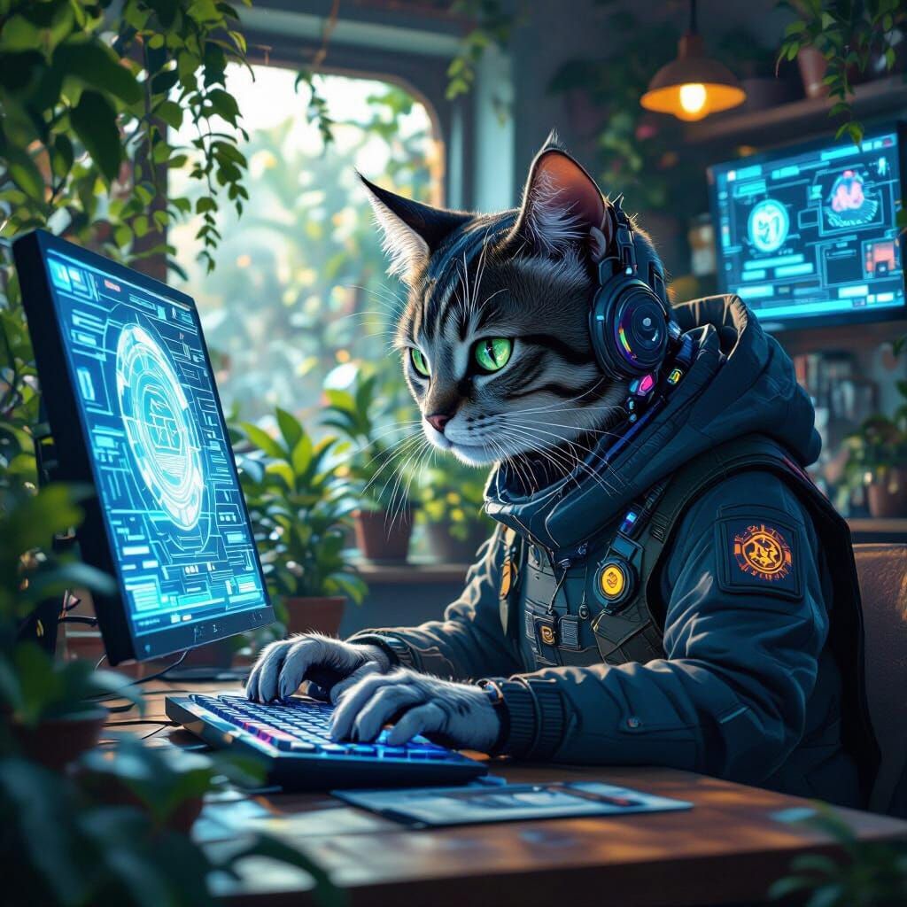 Cat Hacker in Solarpunk Cafe: Digital Matte Painting