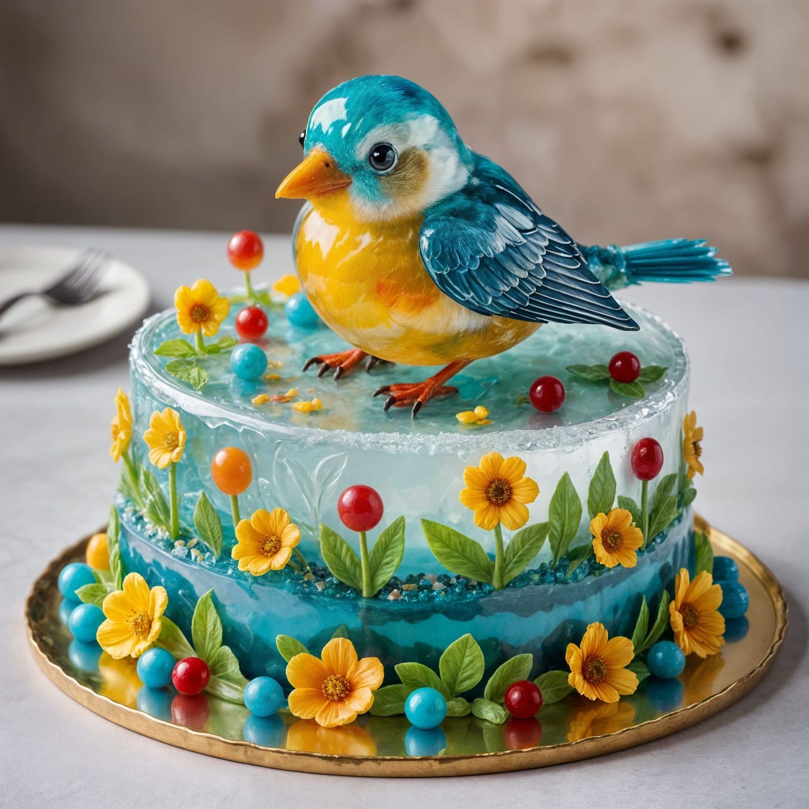 Glass Bird on Birthday Cake, Photographic Style