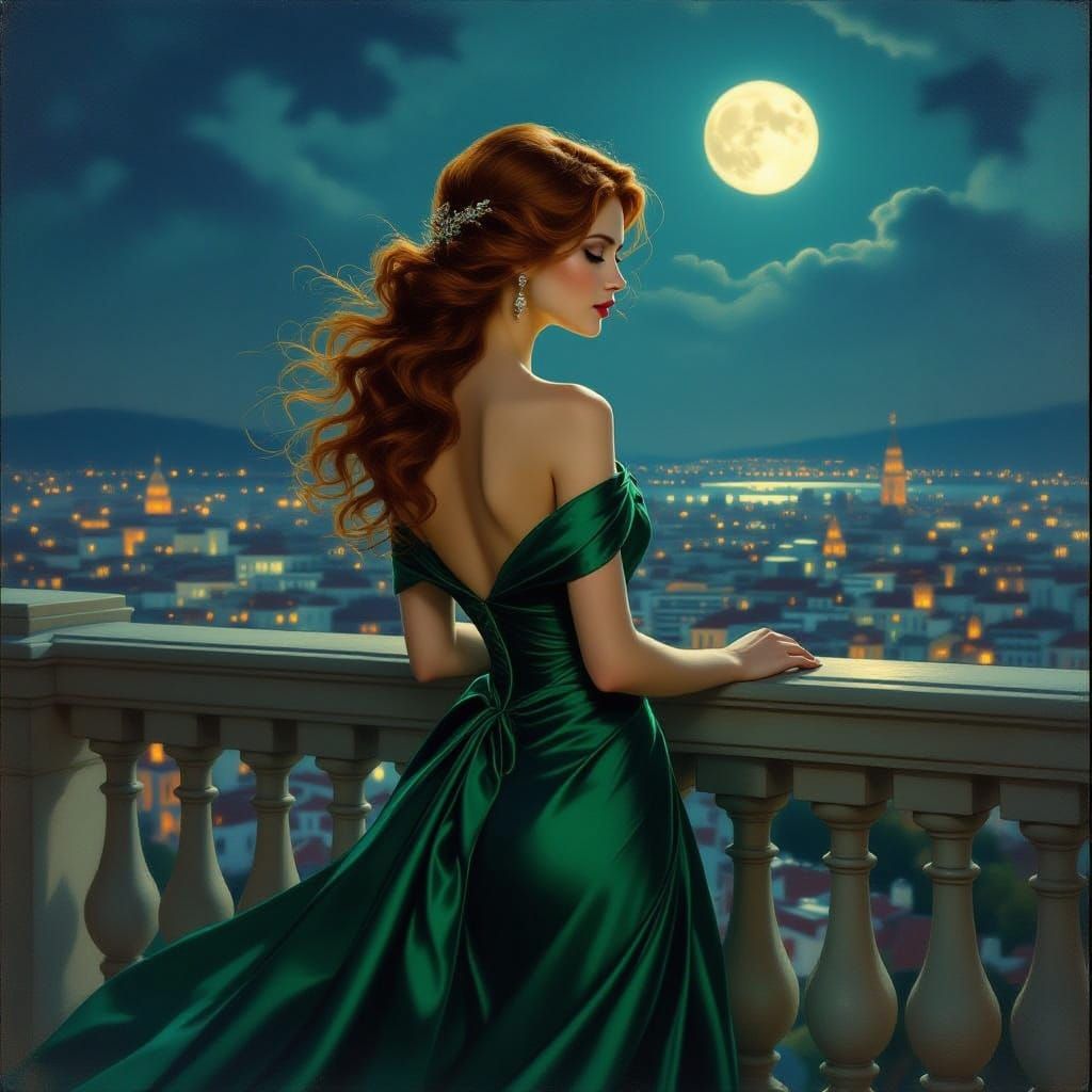 Elegant Woman in Emerald Gown on Balcony Overlooking City