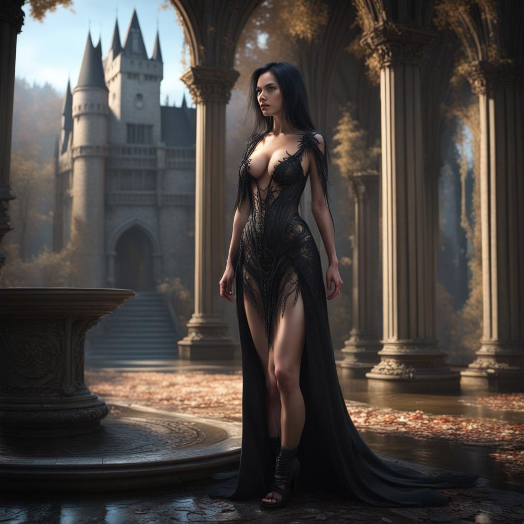 Nude Fantasy in Gothic Castle: Hyperrealistic Portrait