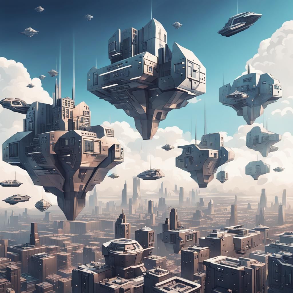 Futuristic Cityscape with Cubic Flying Ships