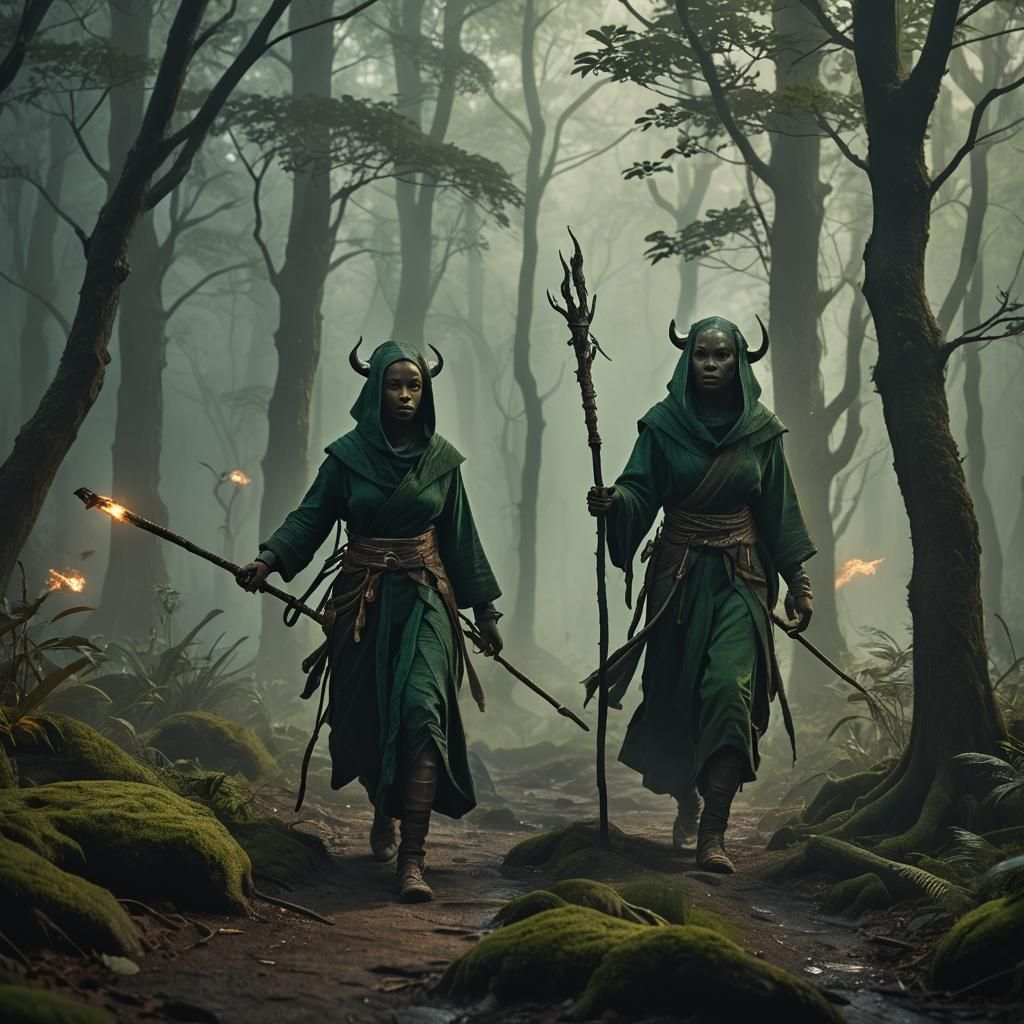 Tiefling Monk in Misty Forest, Dark Fantasy Art