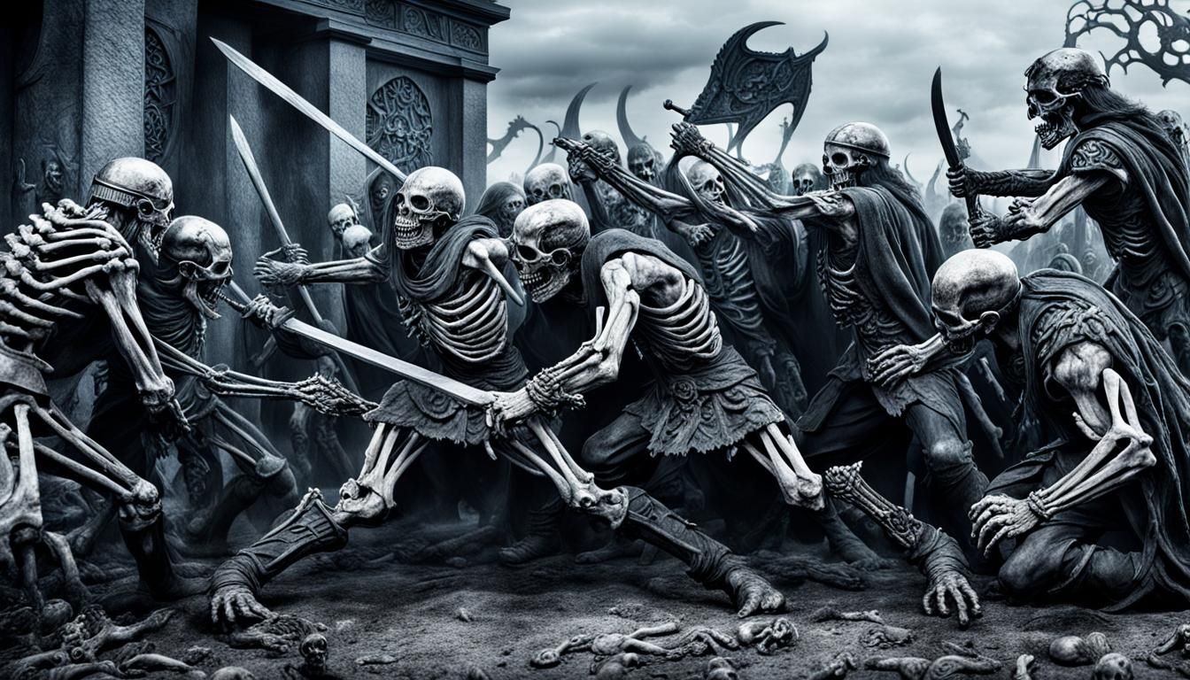 Skeleton warriors fight in the cemetery