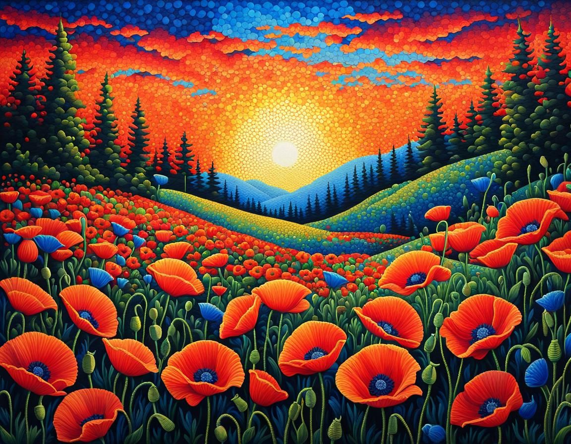 Vibrant Poppies in Stipple Style Landscape