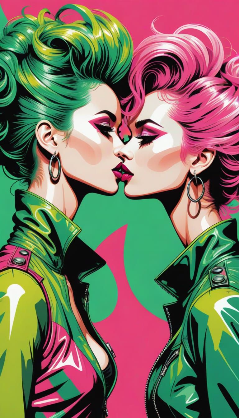 Vibrant 1980s Punk Girls Kissing in Neon Street Art
