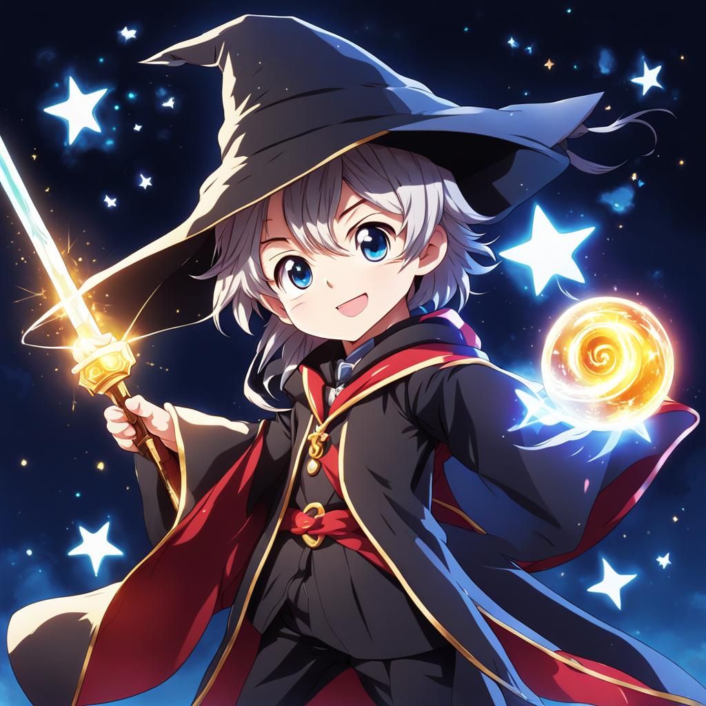 Cute Wizard with Magic Wand in Anime Style