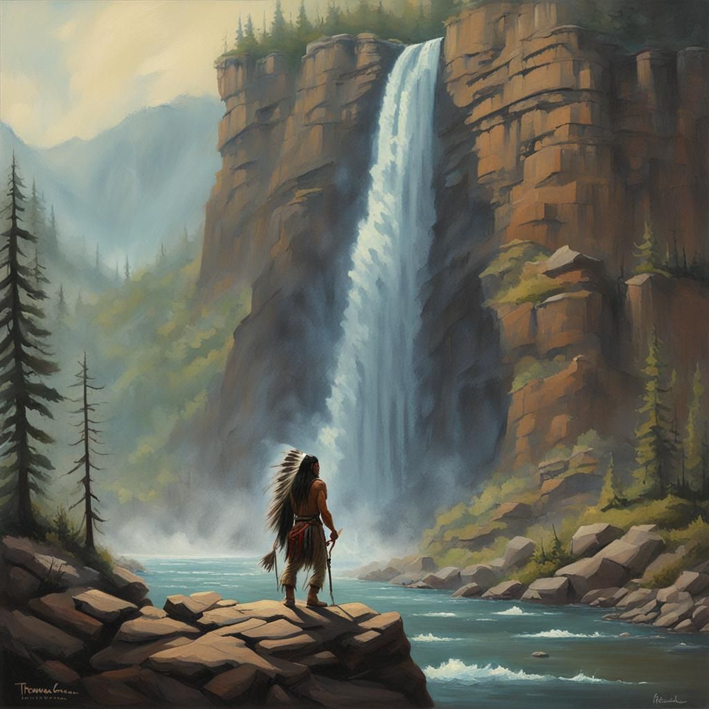 Native American at Waterfall in Luminist Style