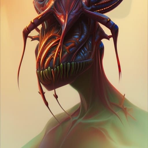 Demonic Alien Mantis Portrait in Hyperdetailed Splash Art