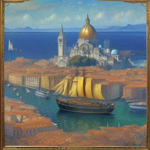 Victorian Ships in Italian Harbor, Surreal Masterpiece