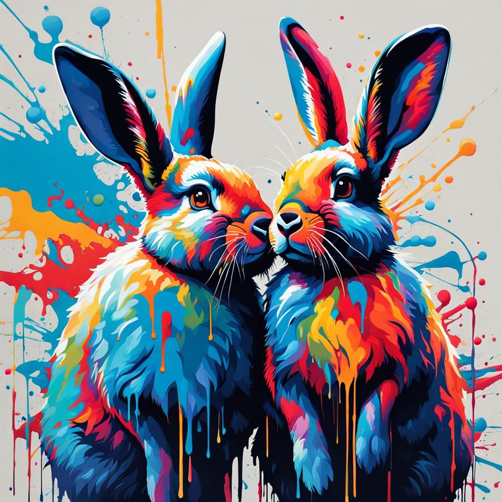 Rabbits Fighting in Blue Tones as Graffiti Art