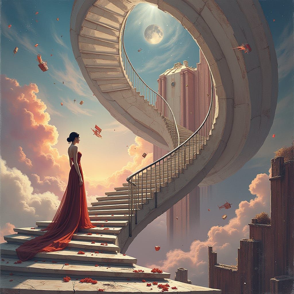 Elegant Woman on Staircase in Hyperrealistic Style