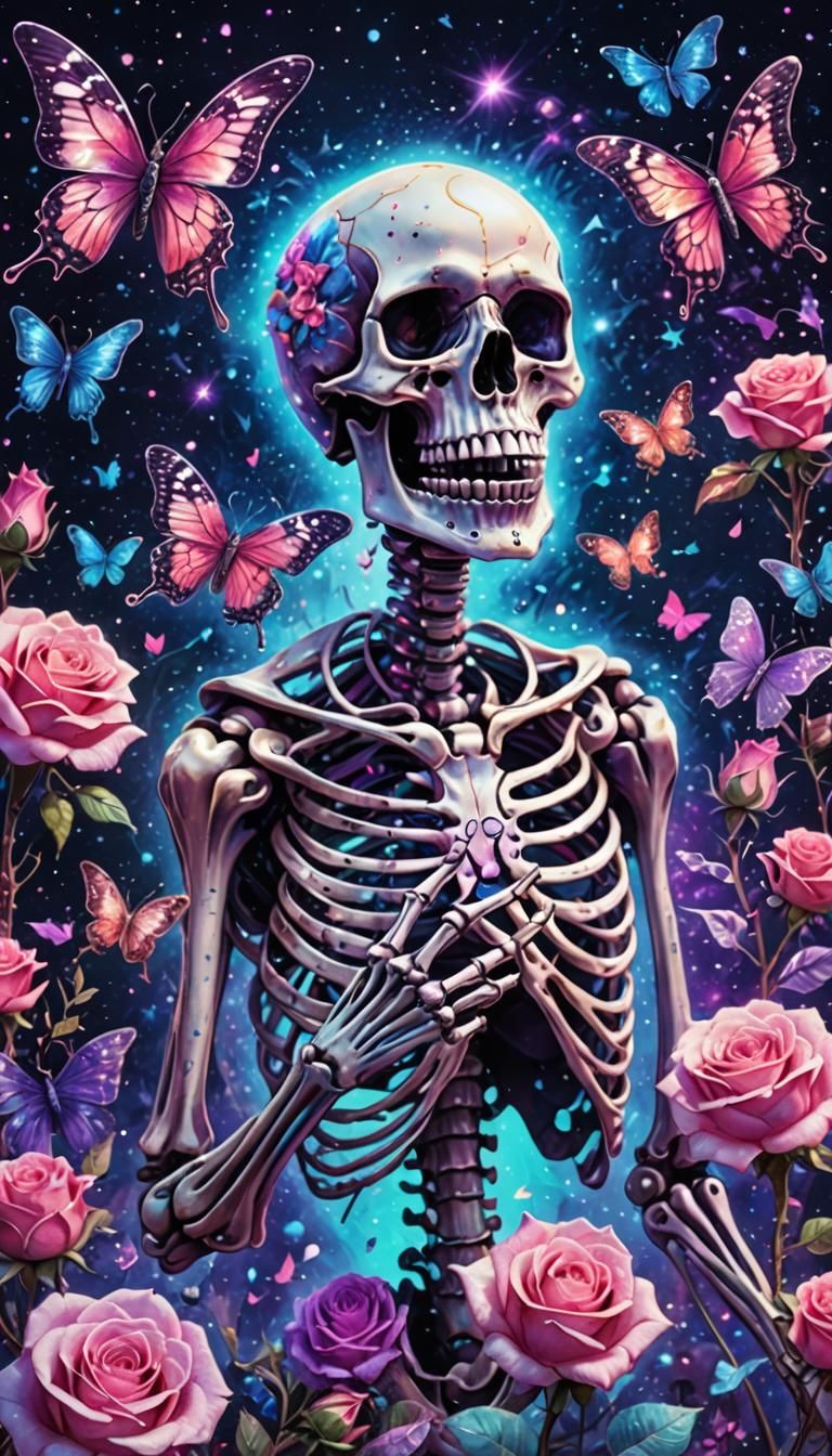 Skeleton's Cosmic Gesture in Surrealist Style