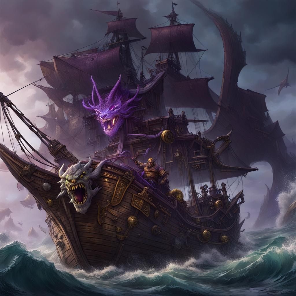 Sea Orc Dragon Attacks Pirate Ship in Dark Fantasy