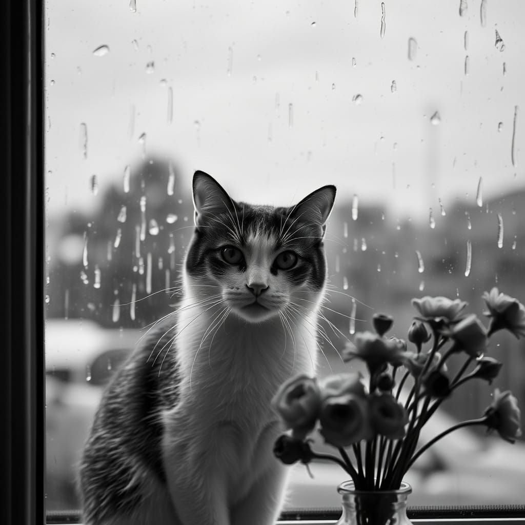 A Monochromatic Cat Looks Out at a Wilted City Through a Rai...