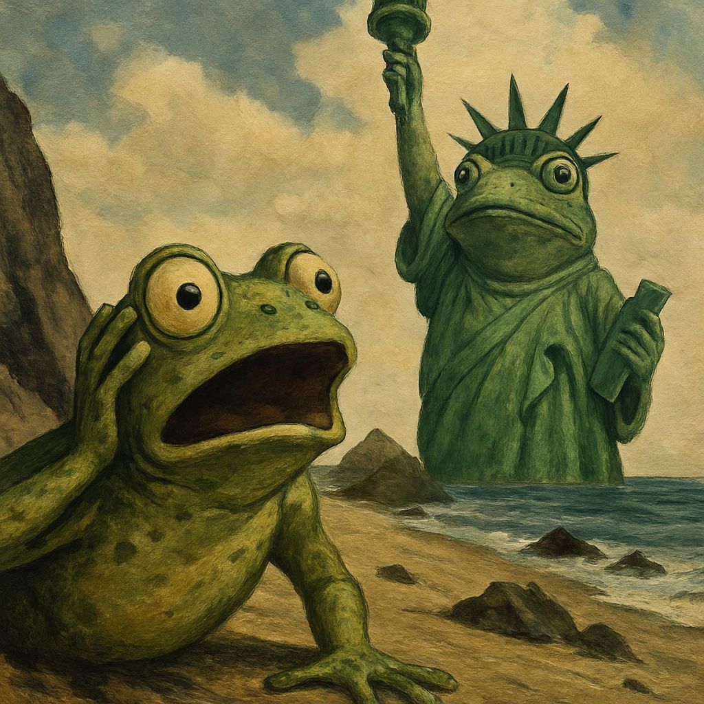 Surprised Frog Finds Frog Statue of Liberty