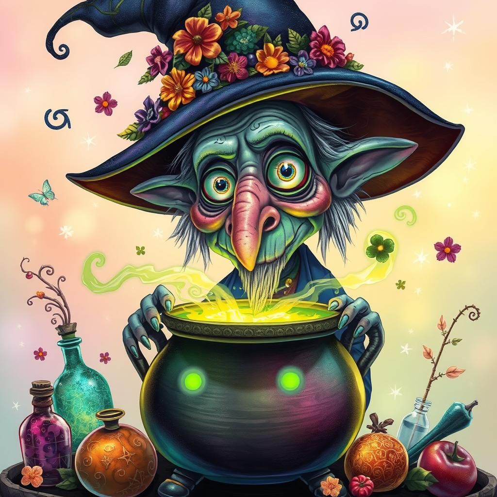 Whimsical Witch Stirring Potion Illustration in Froud Style