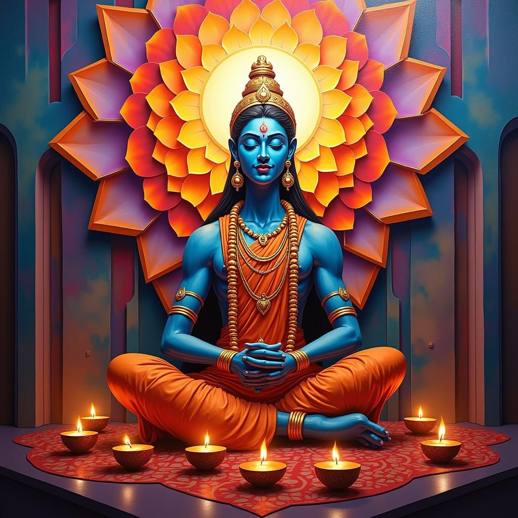 Radiant Hindu Deity in Geometric Fauvist Oil Painting