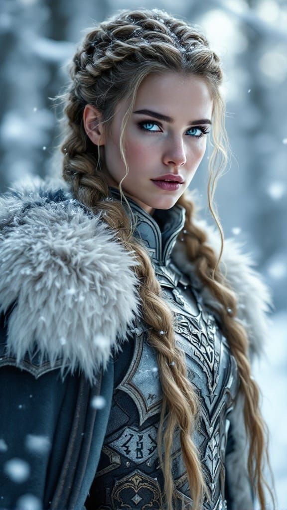 Valkyrie Goddess in Snowy Forest, Golden Hair and Armor