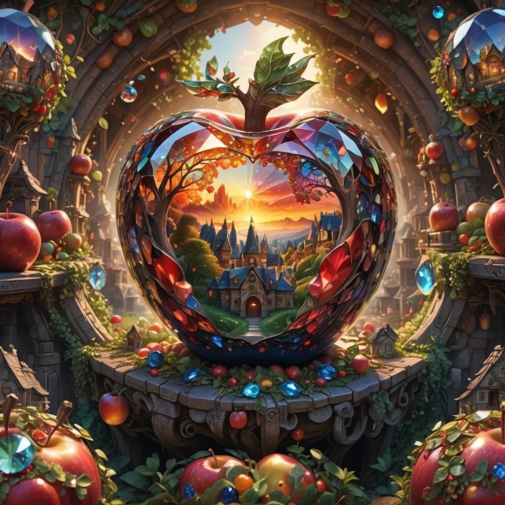Kaleidoscopic Crystal Apple Reflects Magical Village