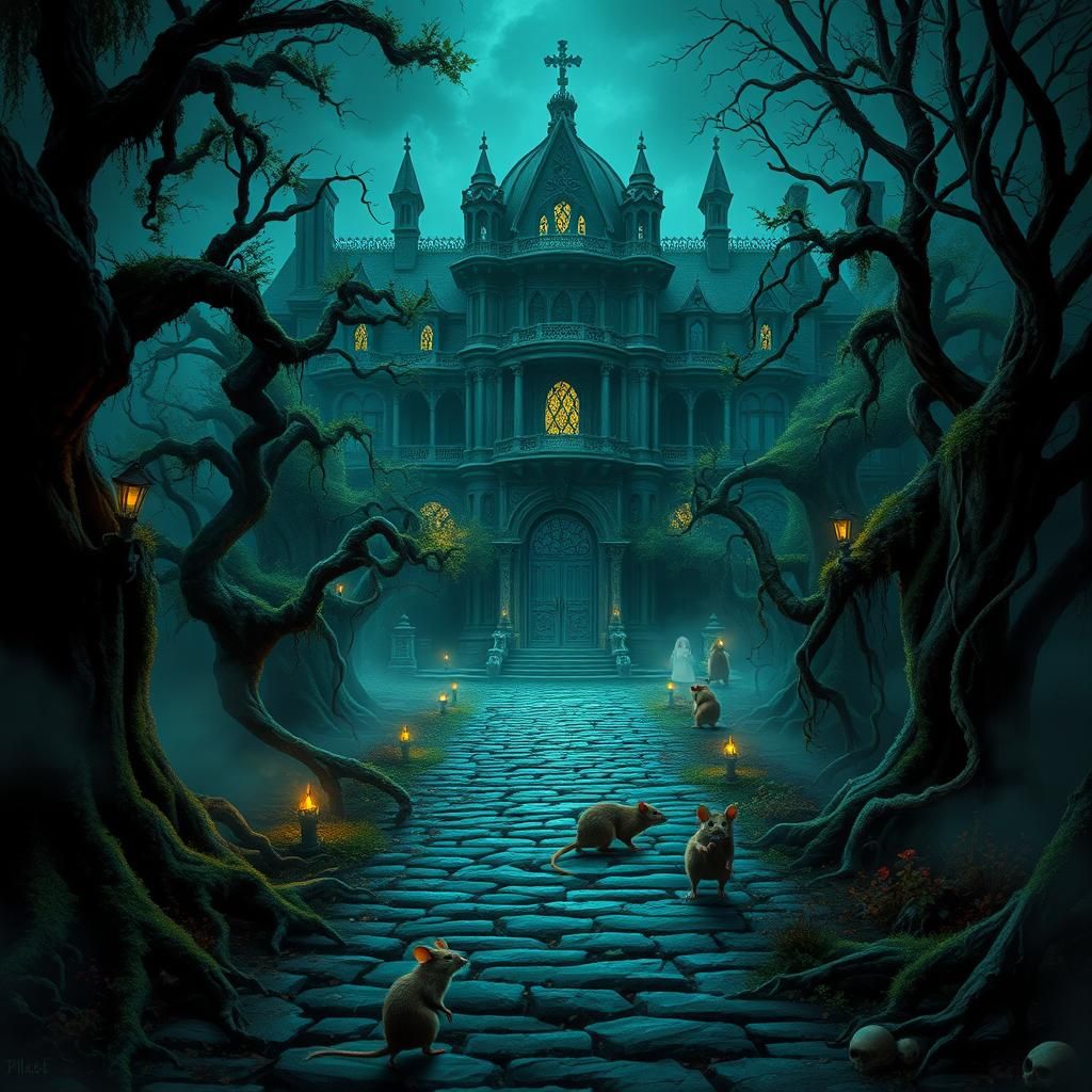 Eerie Haunted Mansion with Ghosts in Gothic Style
