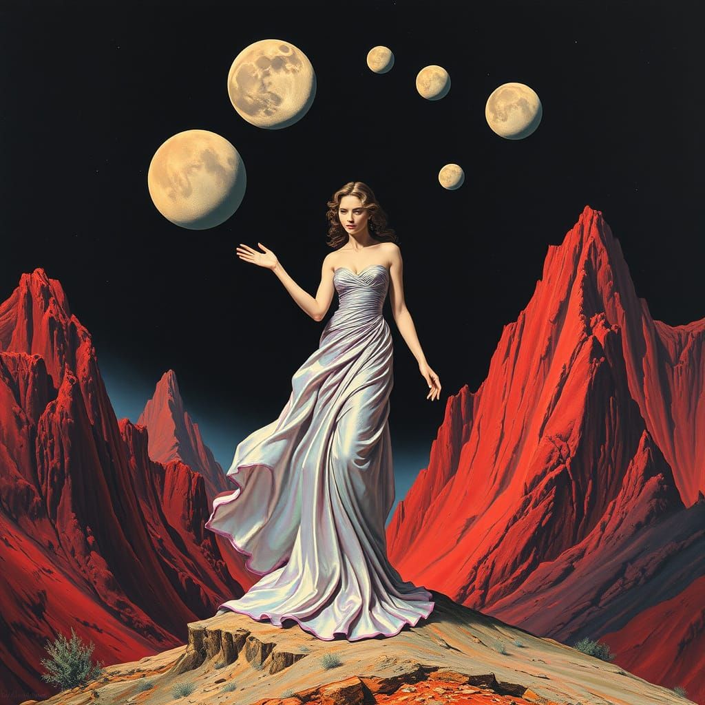 Surrealist Goddess Amidst Crimson Mountains on a Distant Pla...
