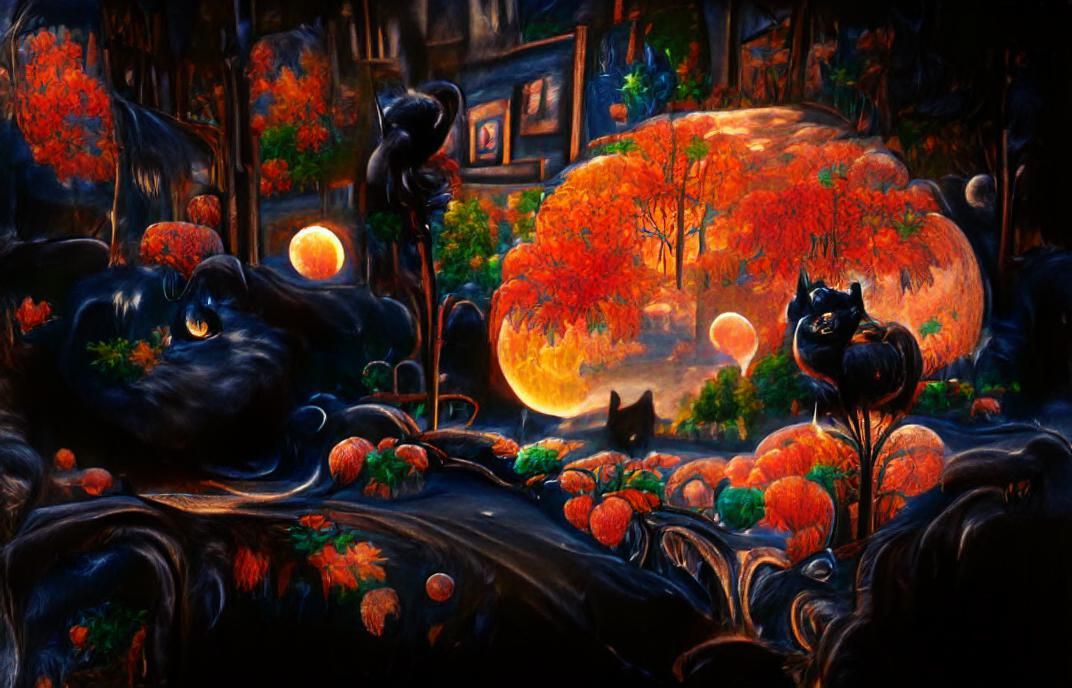 Cosmic Twilight Cat in Autumnal Art Deco Style