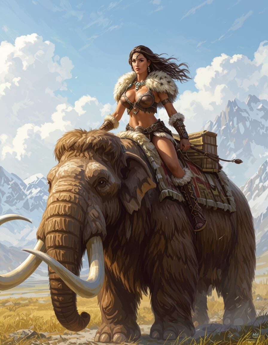 Epic Fantasy Woman Riding Woolly Mammoth