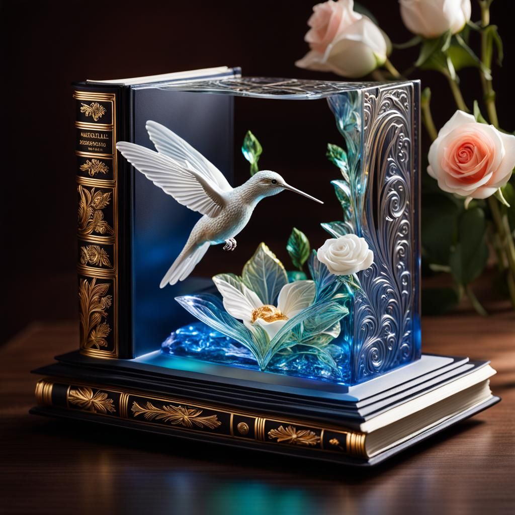 Glass Book with Hummingbird: Magical Realism Masterpiece