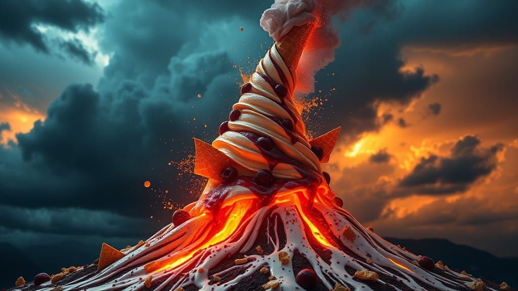 Majestic Cherry Vanilla Ice Cream Volcano in Dark, Gritty St...