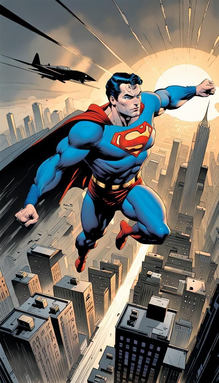 Superman Flies over Noir Metropolis in 1950s Style