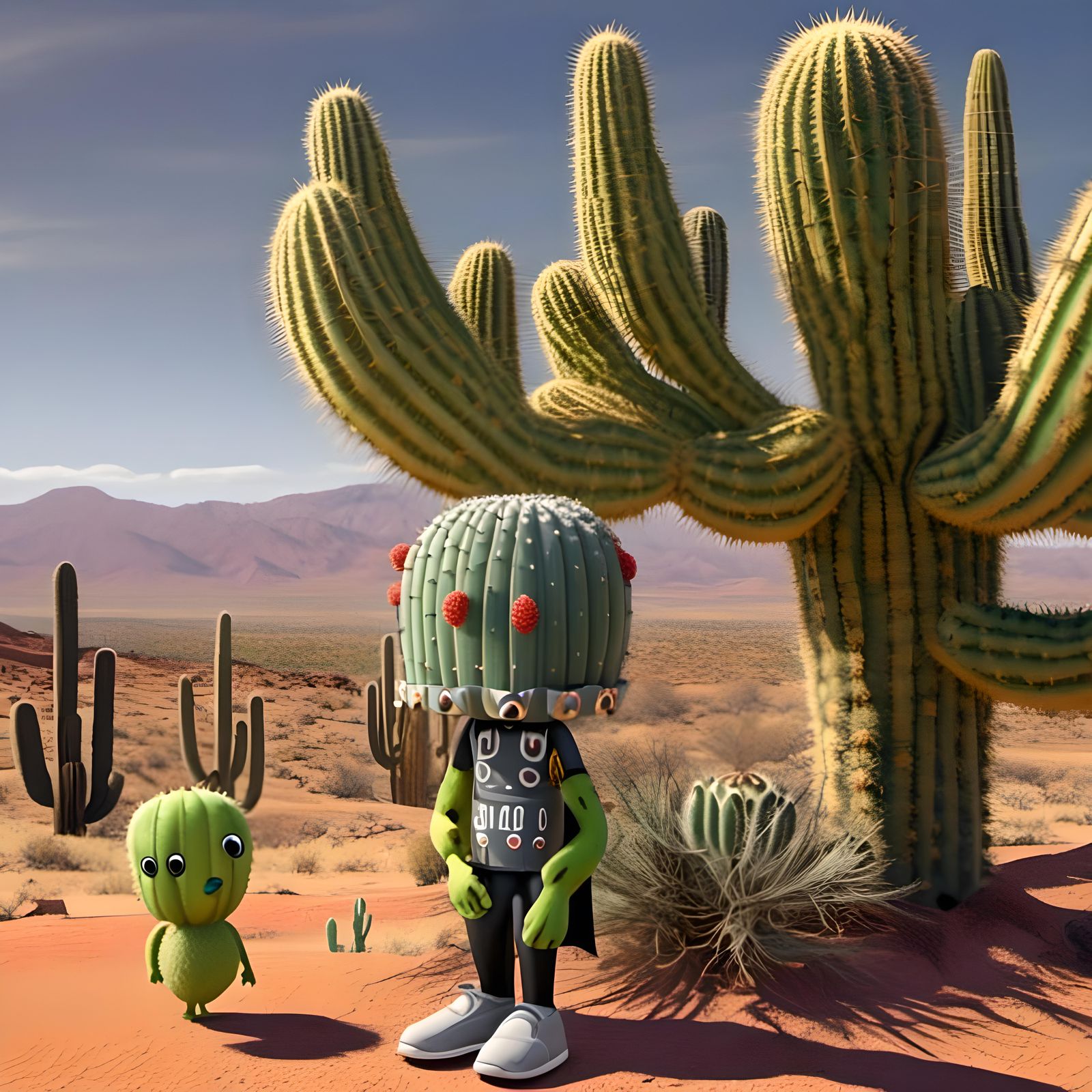 Cactus Man and Child on Desert Trail in 3D