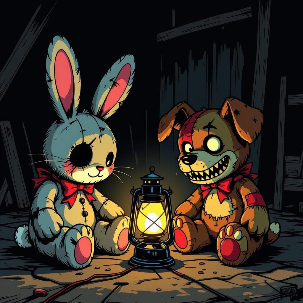 Menacing Stuffed Animals Around Oil Lamp