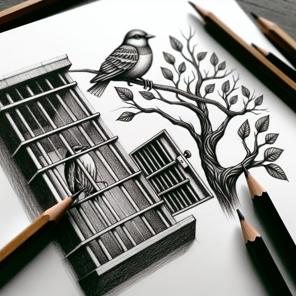 Pencil Sketch: Bird on Branch Outside Jail Cell