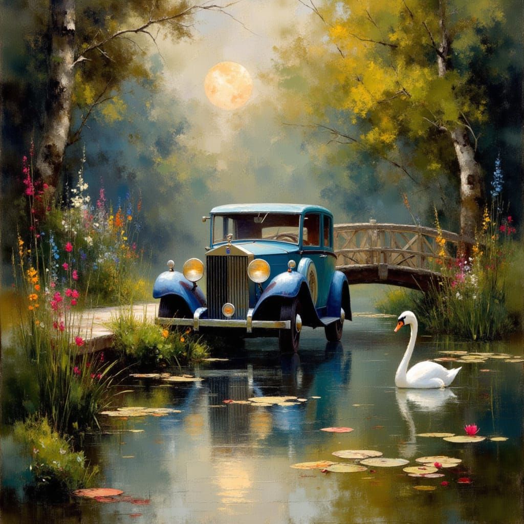 Vintage Rolls Royce by Moonlit Pond: Impressionistic Style