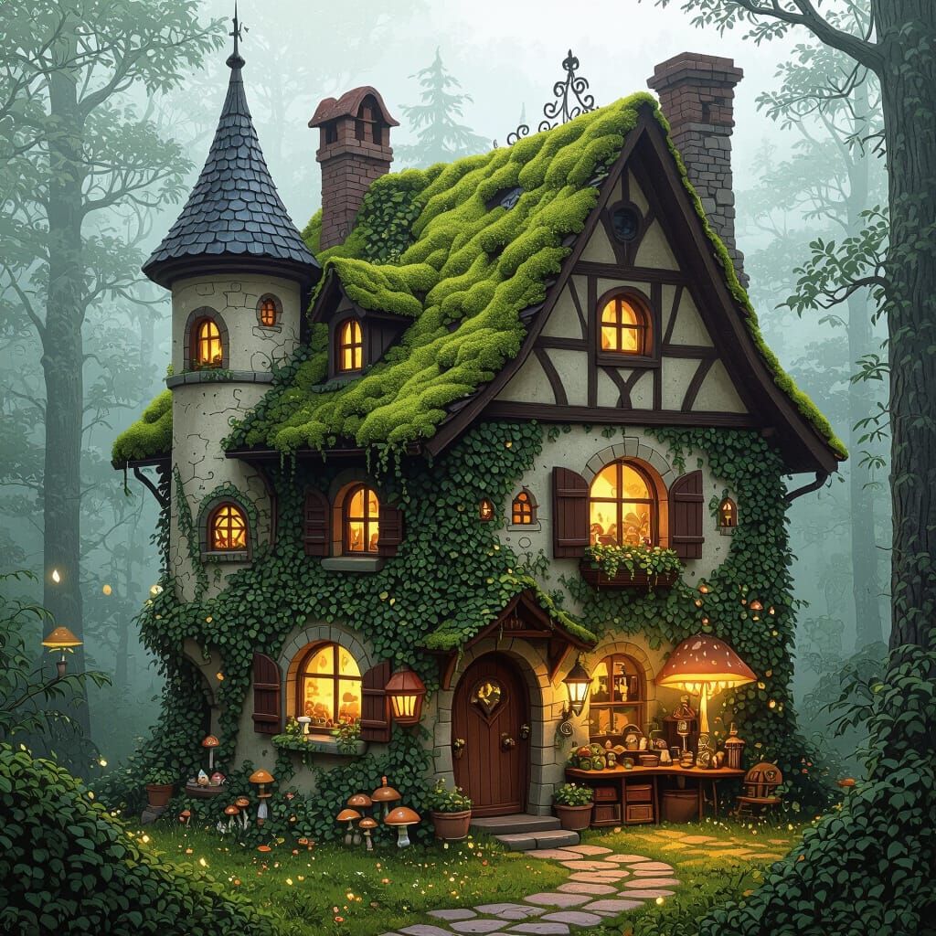 Whimsical Cottage in Black Forest Storybook Illustration