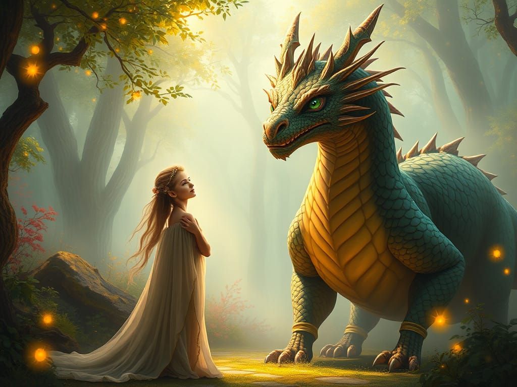 Mystical Maiden Contemplates with Dragon in Lush Forest