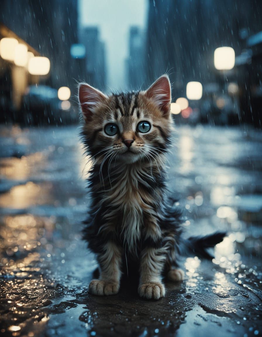 Sci-Fi Kitten on Rainy City Sidewalk