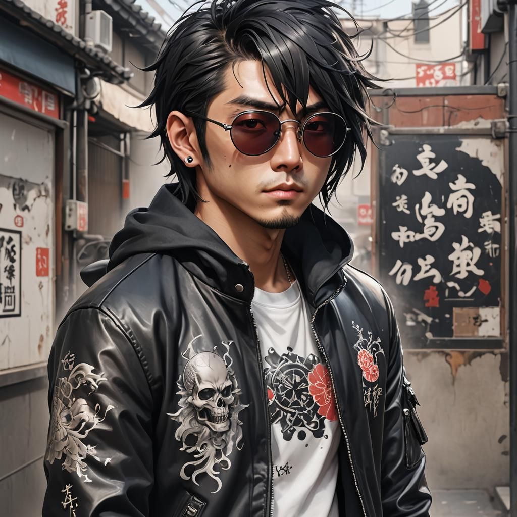 Japanischer Mann muskulös tattowiert waschrettbauch schwarze...