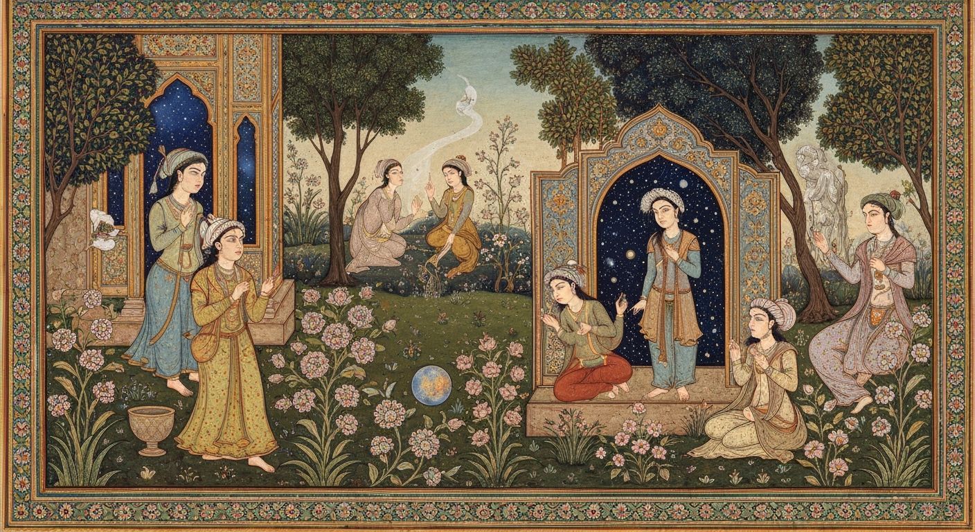 Persian Miniature Garden: Cosmic Beings in Harmony
