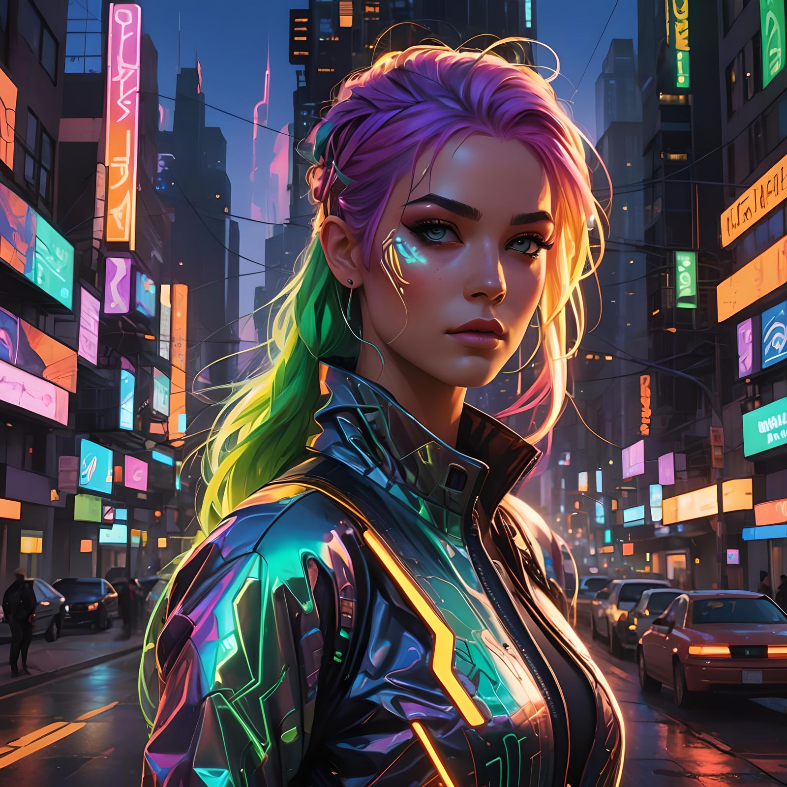 Spark in Neon City with Rainbow Hair