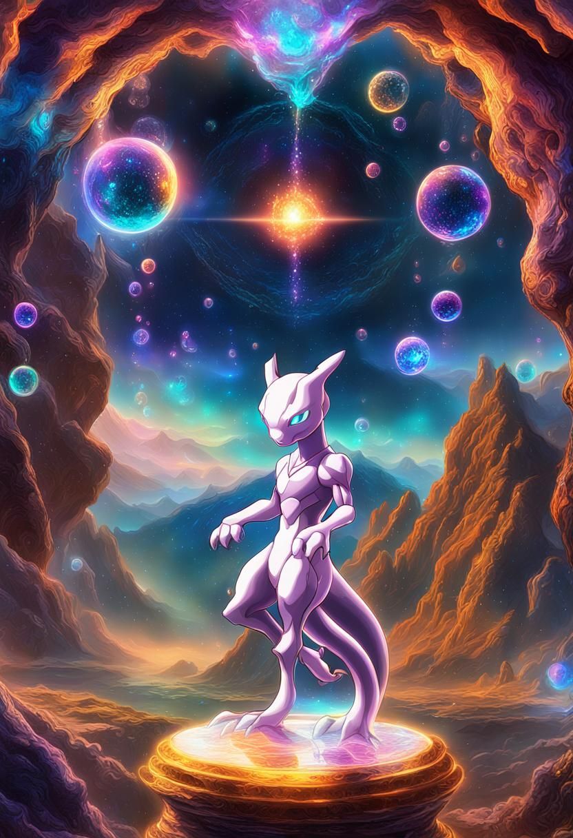 Mewtwo in Spiritual Realm with Neon Colors