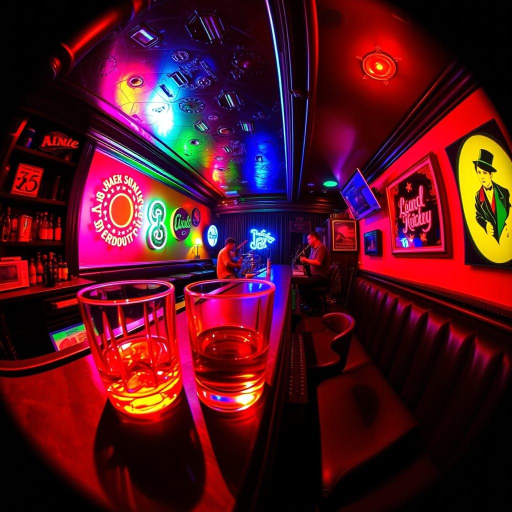 Grotesque Psychedelic Bar Scene in Fisheye Lens Style