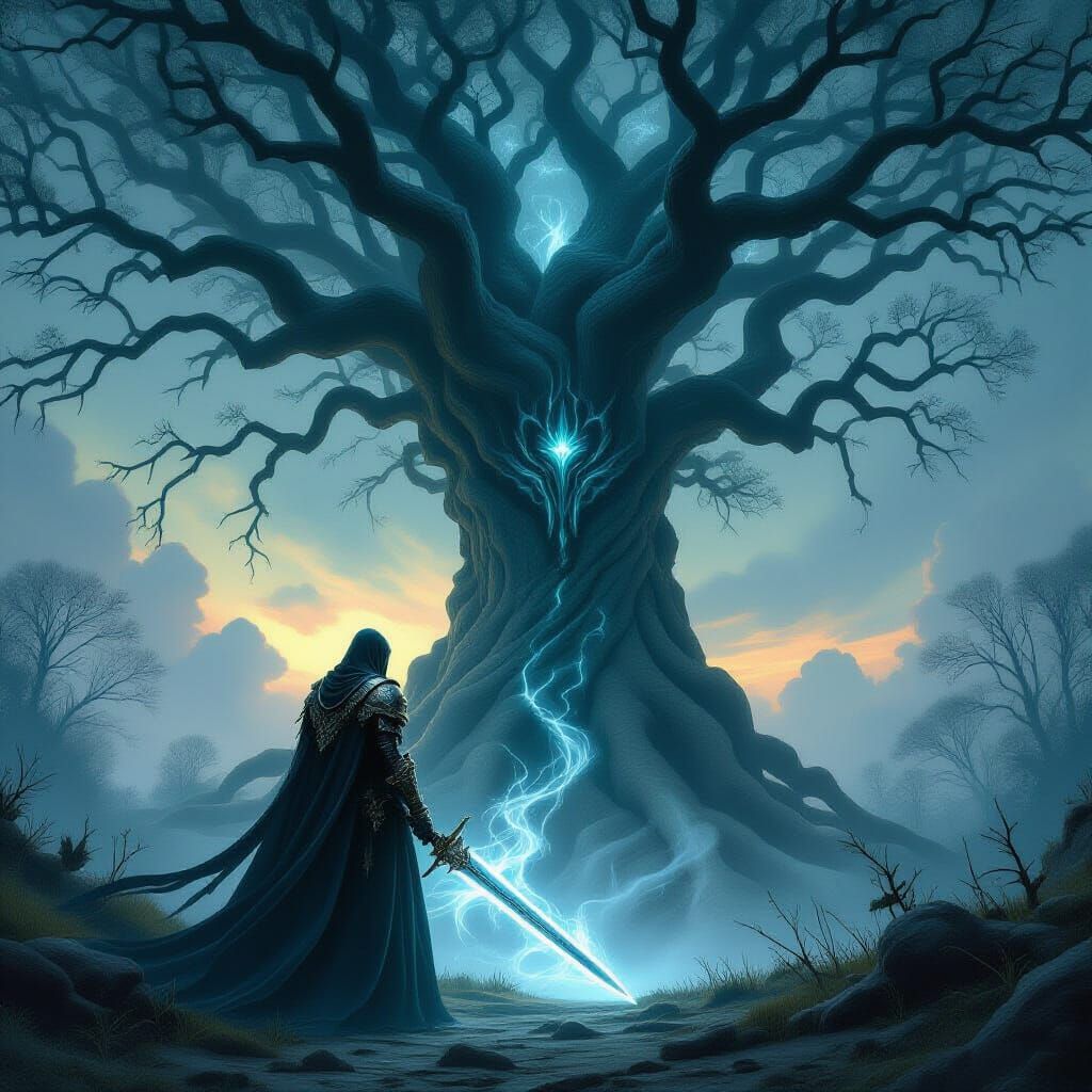 Spectral Knight Before Ancient Tree in Twilight Forest