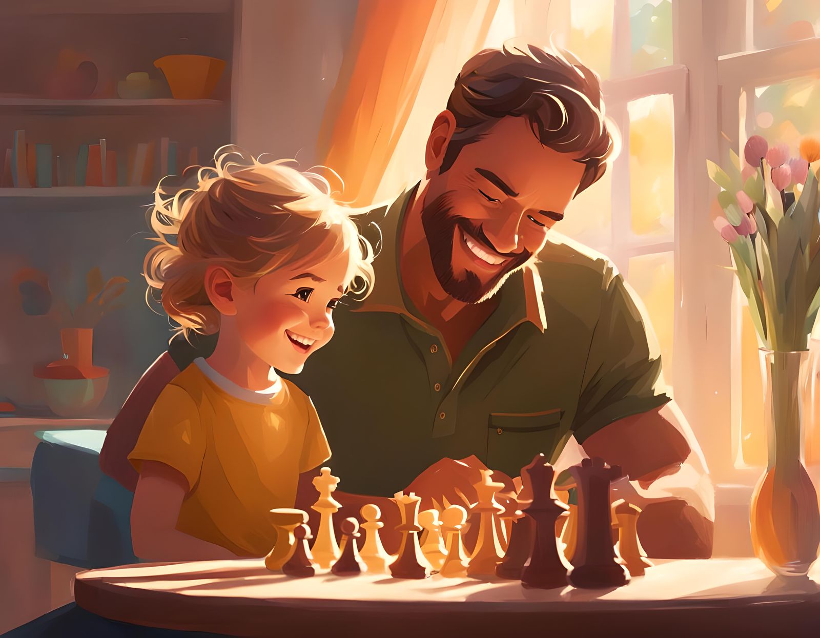 Father and Daughter Chess Game in Anime Impressionism